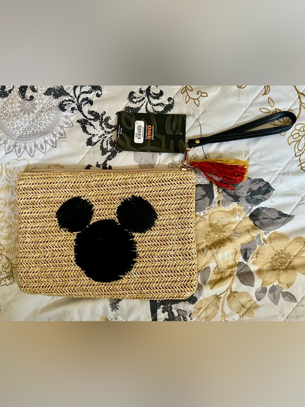 Concept One Disney Mickey Mouse Beige/Black Woven Straw Zip Wristlet, Tassel